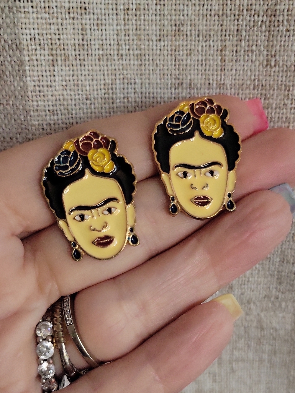 Frida Kahlo Enamel Stud Earrings in Yellow and Black